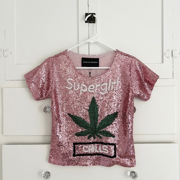 House of Mua Mua NWT Supergirl Sequin Beaded Embroidered Mesh Crop Top Size XS - Picture 1 of 6